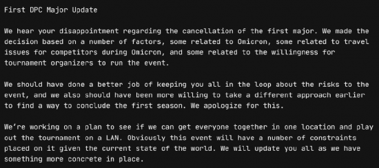 V社为取消Major道歉，称线上比赛方案正在规划