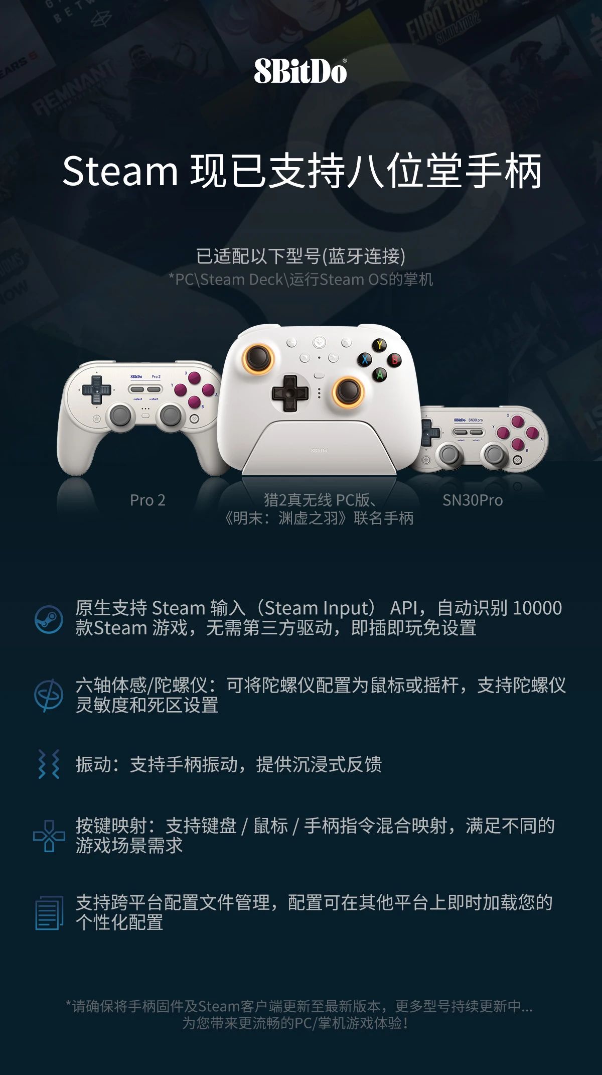 Steam现已支持八位堂手柄，无需第三方驱动即连即玩